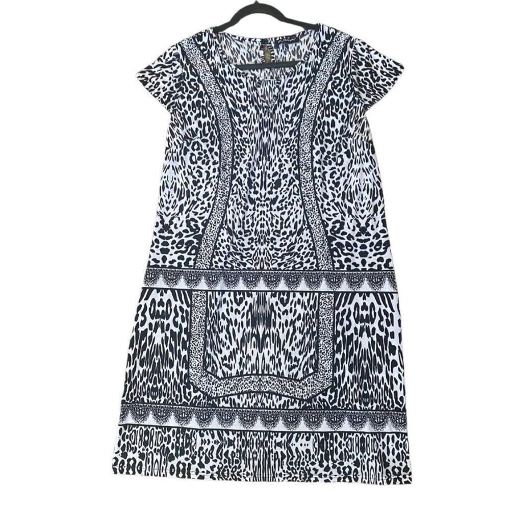 Mlle Gabrielle Black White Multi Print Cap Sleeve Dress Size 2X Stretch